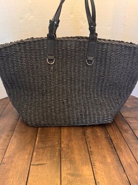 Botkier Black Woven Straw Tote Large Boho Beach Bag Leather Handles Chic